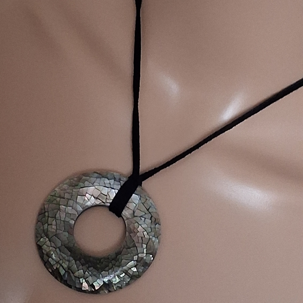 Lia Sophia Abalone Mosaic Pendant Necklace On Black Leather Cord